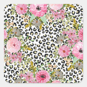 Elegantes Leopard Print und Blumendesign Quadratischer Aufkleber