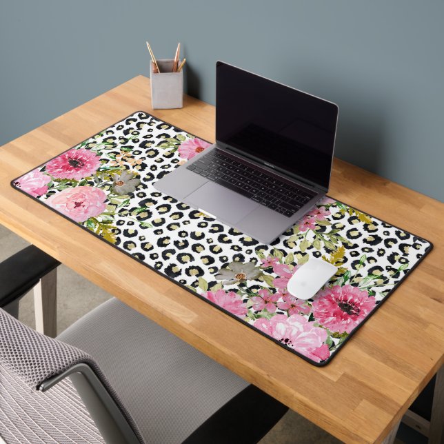Elegantes Leopard Print und Blumendesign Schreibtischunterlage (Büro 2)