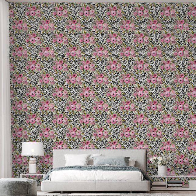 Elegantes Leopard Print und Blumendesign Tapete (Schlafzimmer)