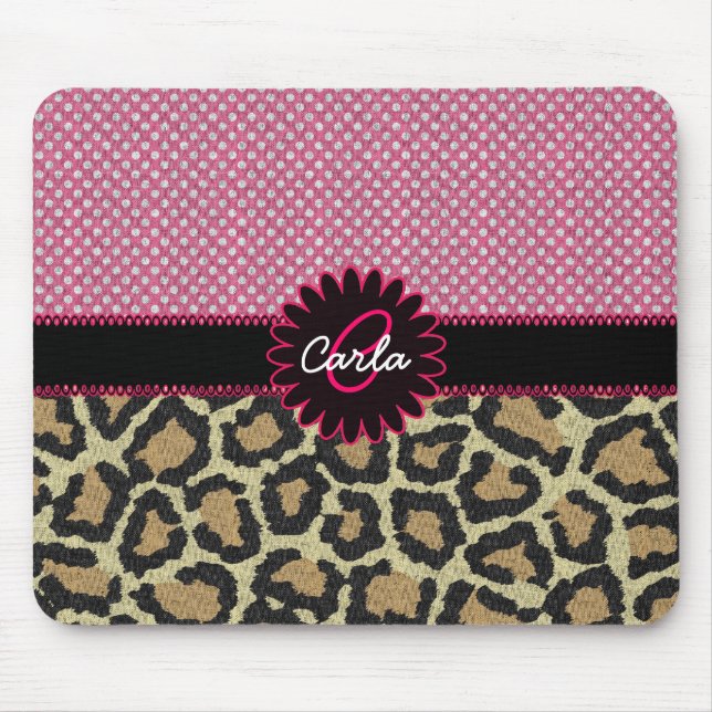 Elegantes Leopard Print und Polka Dot Monogram Mousepad (Vorne)