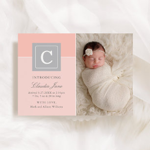 Elegantes Letter Block Baby Girl Foto Blush Birth Ankündigung