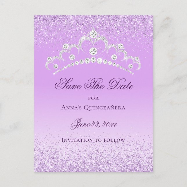 Elegantes Licht Lila Quinceanera Save the Date Postkarte (Vorderseite)