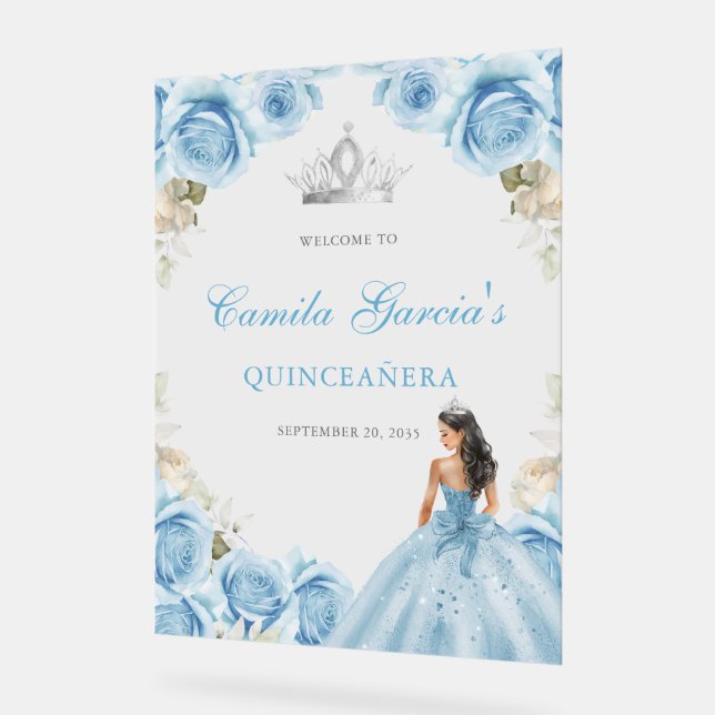 Elegantes Lichtblaues Florales Quinceañera-Willkom Acrylschild (Winkel)