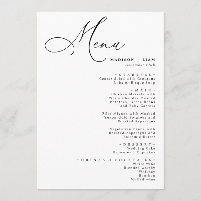 Elegantes, liebevoll kalligraphisches Hochzeitsmen Menükarte (Vorderseite)