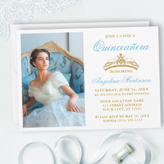 Elegantes Light Blue Gold Crown Foto Quinceanera Einladung