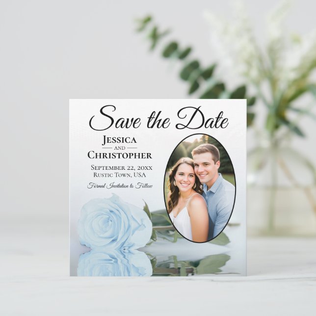 Elegantes Light Dusty Blue Rose & Oval Foto Hochze Save The Date (Stehend Vorderseite)