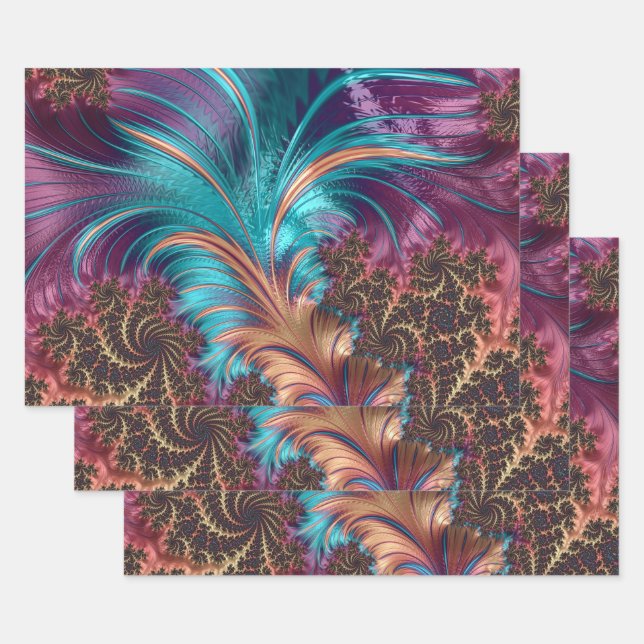 Elegantes Lila Aquamarines Feather-Fraktal  Geschenkpapier Set (Set)
