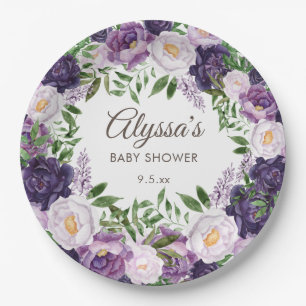 Elegantes lila Aquarell-Blumen-Mädchen-Baby-Party Pappteller