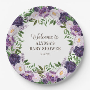 Elegantes lila Aquarell-Blumen-Mädchen-Baby-Party Pappteller