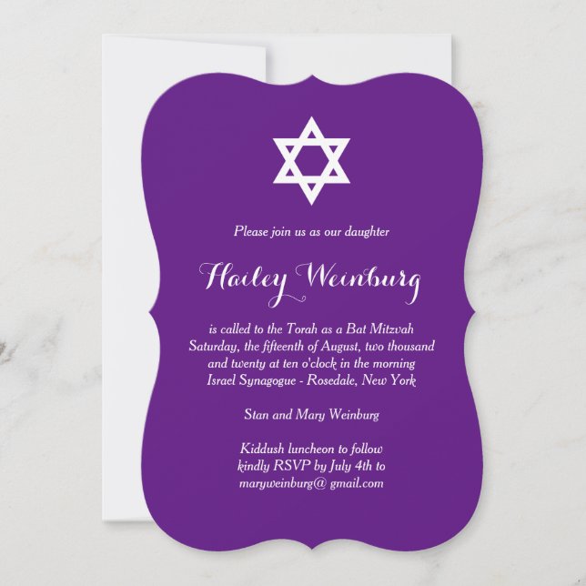 Elegantes Lila Bat Mitzvah Einladung (Vorderseite)