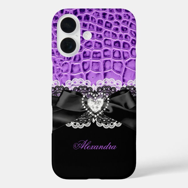 Elegantes Lila Black Animal Bow Herzstück Spitzen  iPhone 16 Hülle (Rückseite)