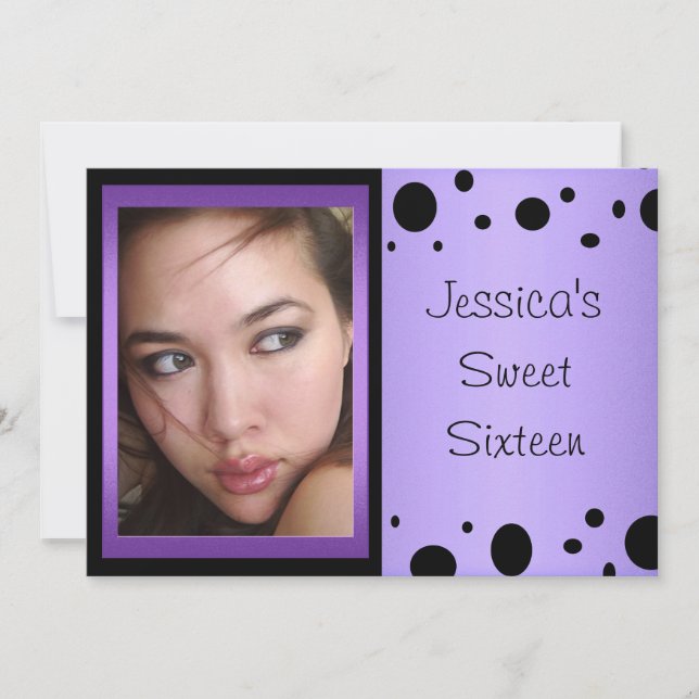 Elegantes Lila Black Spots Foto Sweet 16 Einladung (Vorderseite)