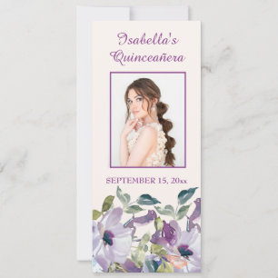 Elegantes lila-blaues Blumen-Quinceañera-Lesezeich Einladung