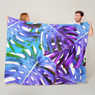 Elegantes Lila Blaues Tropisches Monstera Leaf-Mus Fleecedecke