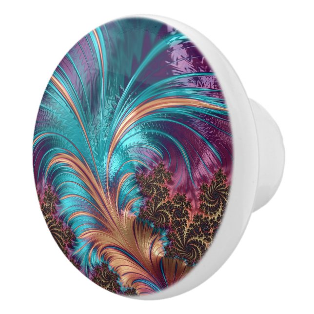 Elegantes Lila Blue Abstrakt Feather Design Keramikknauf (Rechts)
