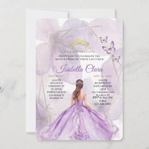 Elegantes lila Blumen Quinceañera Gold Rund Einladung