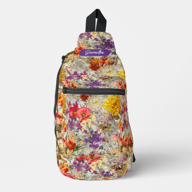 Elegantes lila Blumengrau-Muster Monogramm Crossbody Bag (Vorderseite)