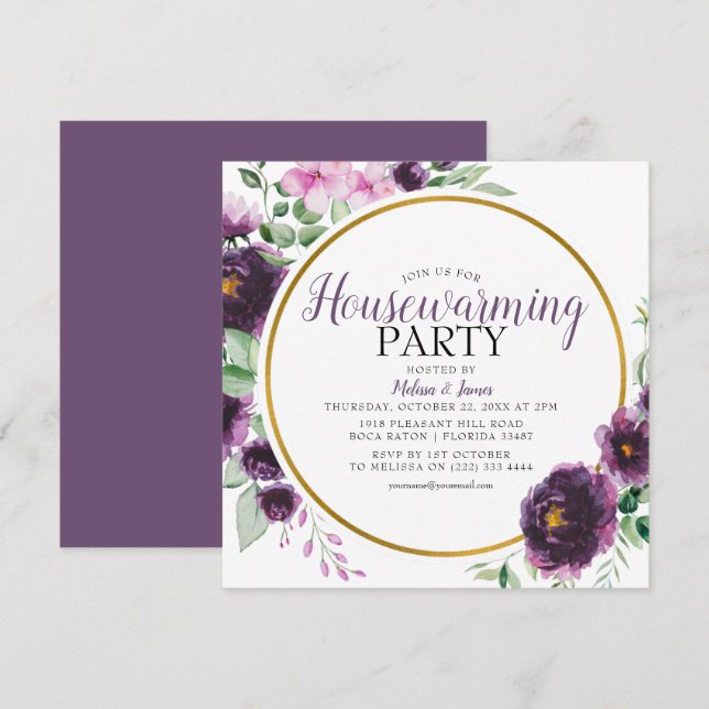 Elegantes Lila Blumenhaus Party Einladung (Vorne/Hinten)