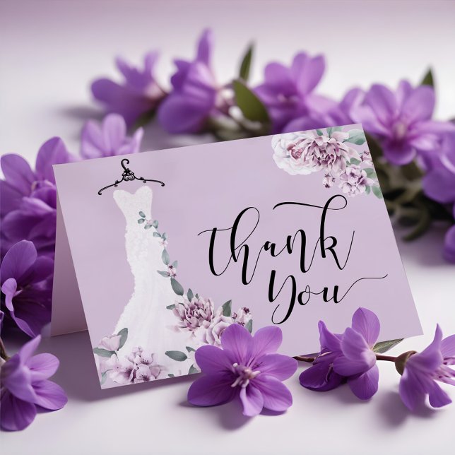Elegantes Lila Blumenkleid Dankeskarte (Elegant Watercolor Purple Floral Wedding Dress Thank You Card)