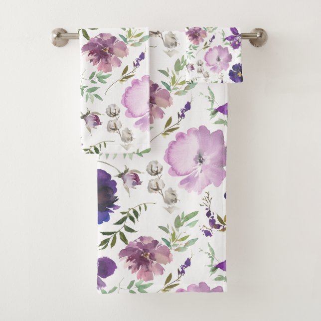Elegantes Lila Blumenmuster Badezimmer Handtuchhan Badhandtuch Set (Insitu)