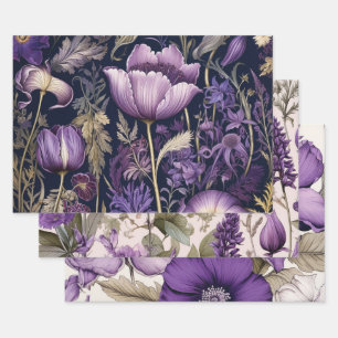 Elegantes lila Blumenmuster  Geschenkpapier Set