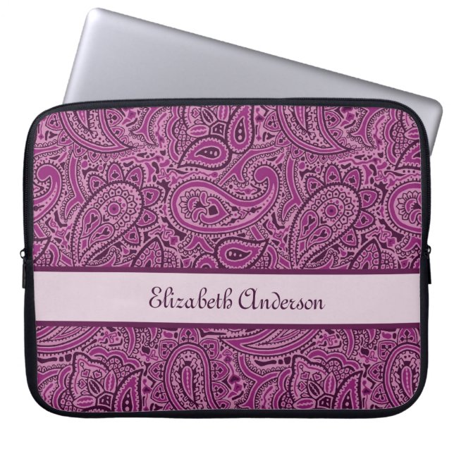 Elegantes lila Blumenpaisley-Muster mit Namen Laptopschutzhülle (Vorderseite)