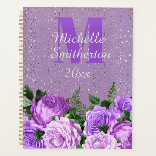 Elegantes Lila Blumensilber-Glitzer Monogramm Planer (Vorderseite)