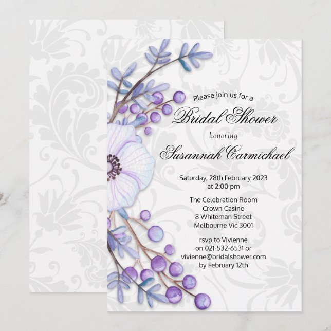 Elegantes Lila Brautparty mit Blumenkranz Damask Einladung (Vorne/Hinten)