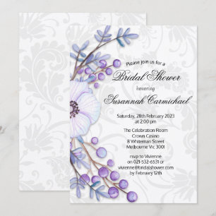 Elegantes Lila Brautparty mit Blumenkranz Damask Einladung