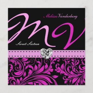 Elegantes lila Damast-Monogramm 16. Geburtstag Einladung