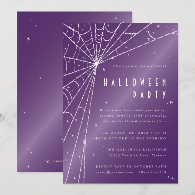 Elegantes Lila Diamond Spider Web-Halloween-Party Einladung (Vorne/Hinten)