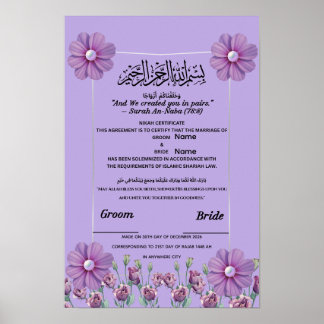 Elegantes lila-farbenes Blumen-Pearl-Islam-Nikah-Z Poster