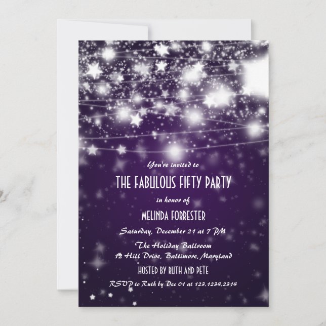 Elegantes Lila, feines 50-Party Shining Stars Einladung (Vorderseite)