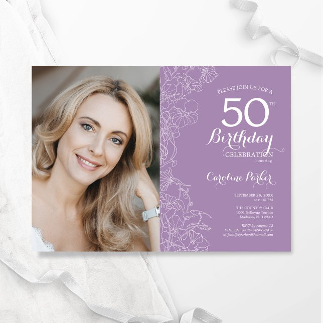 Elegantes Lila florales Foto 50. Geburtstag Einladung (Von Creator hochgeladen)