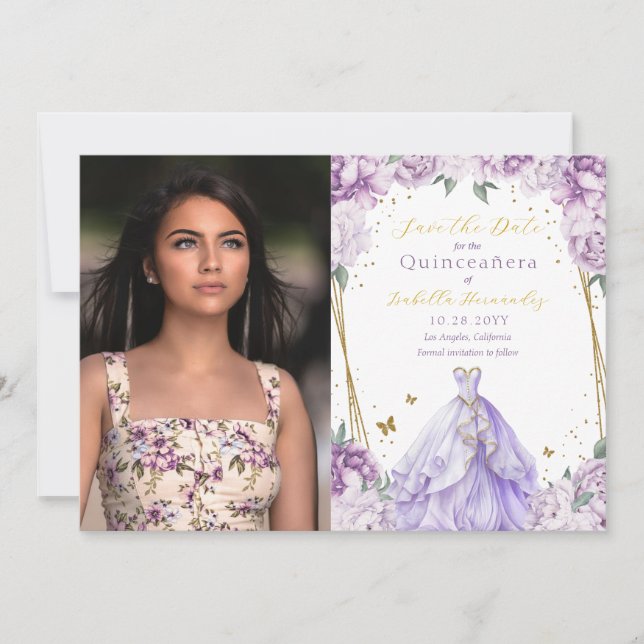 Elegantes Lila Foto Quinceañera Save The Date (Vorderseite)