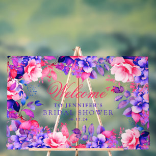 Elegantes Lila Glam Floral Brautparty Willkommen Acrylschild