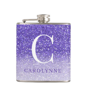Elegantes lila glänzendes Ombre Glitter Monogramm Flachmann