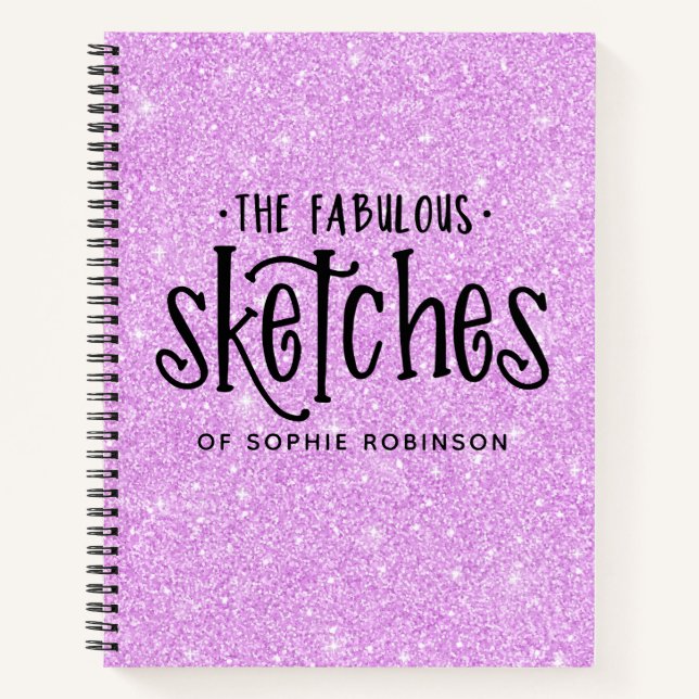Elegantes Lila Glitzer Sketchbook mit Name Notizbuch (Vorderseite)