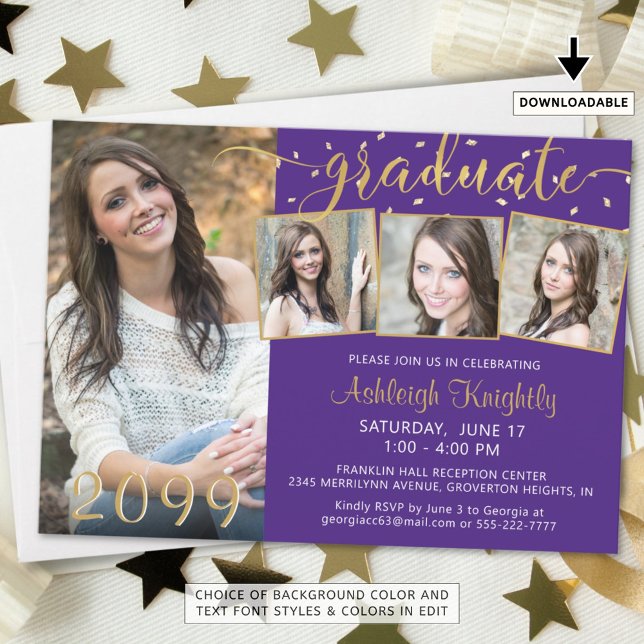 Elegantes Lila Gold 4 Foto Confetti Graduate Einladung (Von Creator hochgeladen)