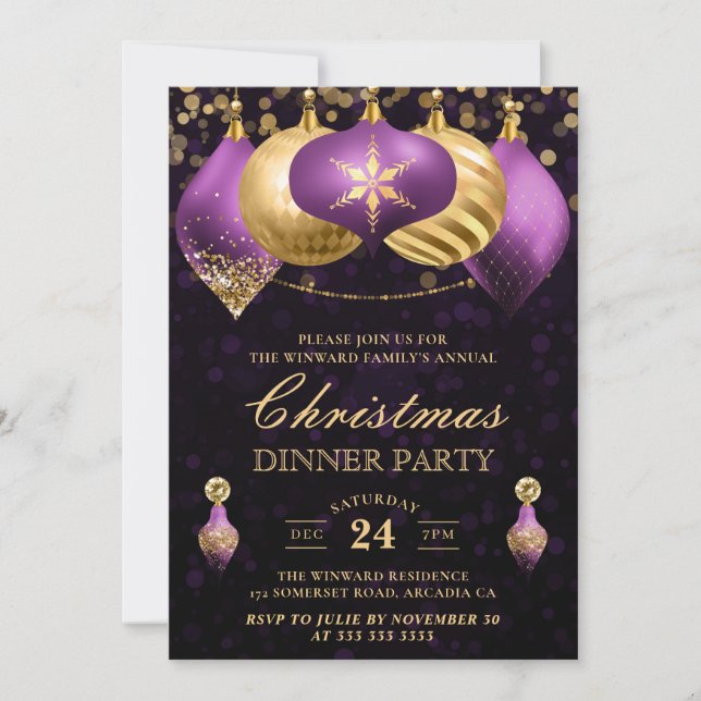 Elegantes Lila & Gold Baubles Weihnachtsfest Einladung (Vorderseite)