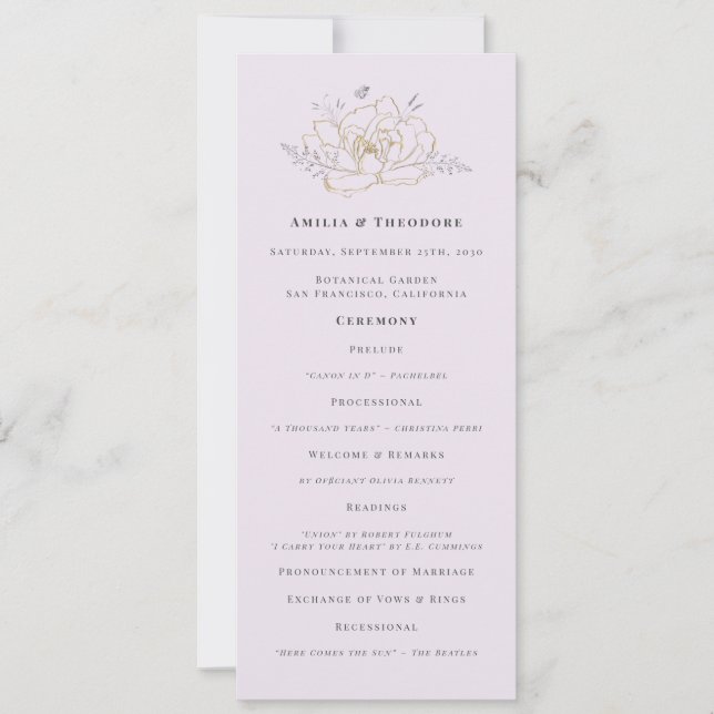 Elegantes lila-gold-blumiges Hochzeitsprogramm (Vorderseite)