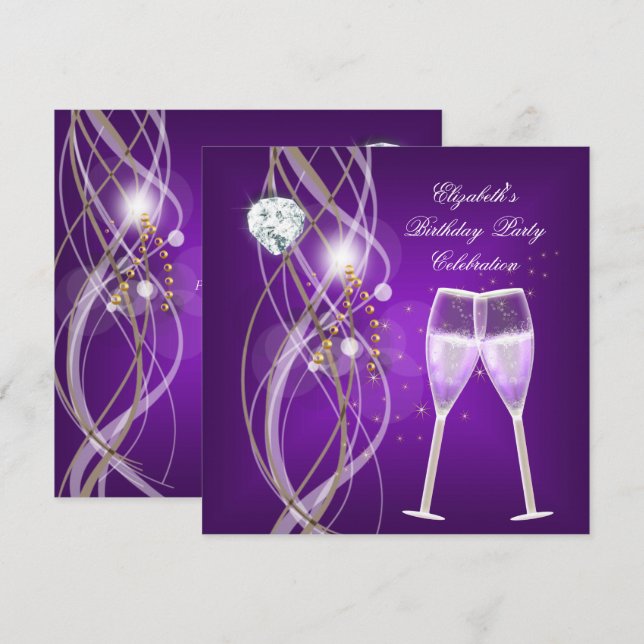 Elegantes Lila Gold Champagne Diamond Party Einladung (Vorne/Hinten)