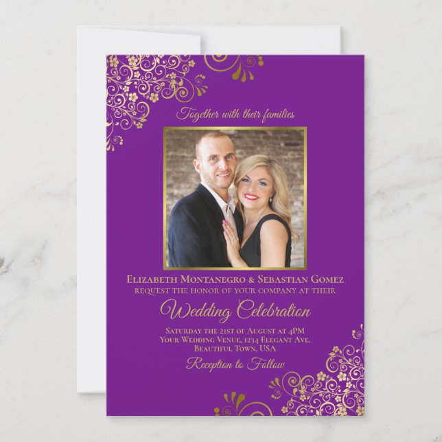 Elegantes Lila & Gold Foto & QR Code Hochzeit Einladung (Vorderseite)