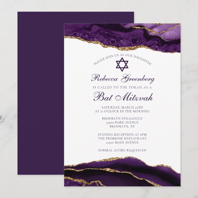 Elegantes Lila Gold Glam Bat Mitzvah Party Einladung (Vorne/Hinten)