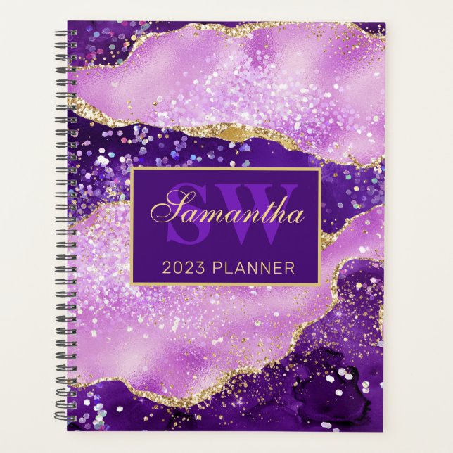 Elegantes Lila-Gold-Glitzer-Agate-Monogramm Planer (Vorderseite)