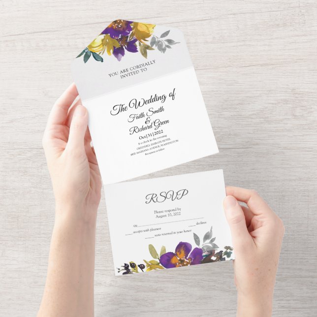 Elegantes Lila Gold in einer Hochzeit All In One Einladung (Abreißen)