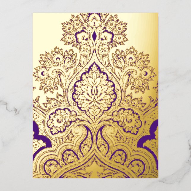 Elegantes Lila & Gold Indian Paisley Damask Patter Folien Feiertagspostkarte (Vorderseite)