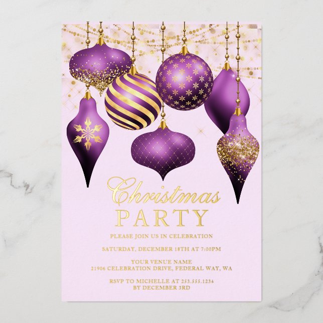 Elegantes Lila Gold Ornaments Weihnachts-Party Folieneinladung (Vorderseite)
