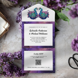 Elegantes Lila Gold Peacock Foto Öko QR Hochzeit All In One Einladung