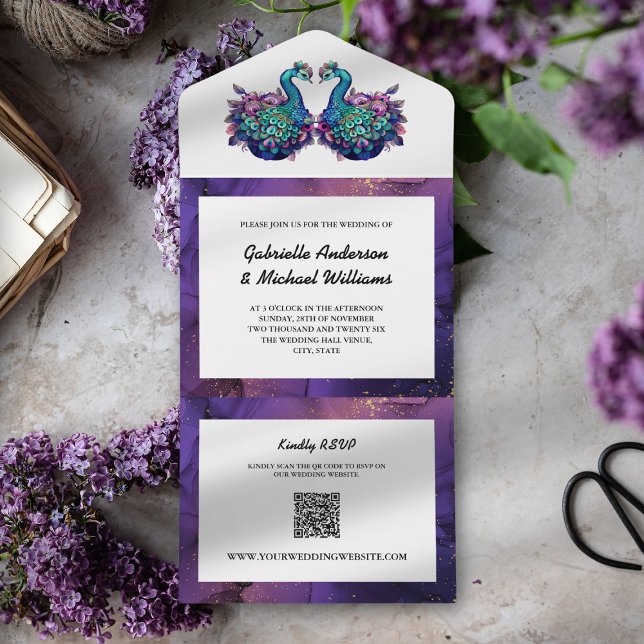 Elegantes Lila Gold Peacock Foto Öko QR Hochzeit All In One Einladung (Von Creator hochgeladen)